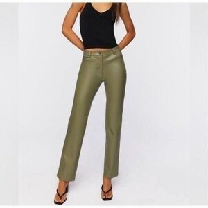 FOREVER 21 Womens Faux Leather Pants Stretch Straight Leg Pocket Sage Green